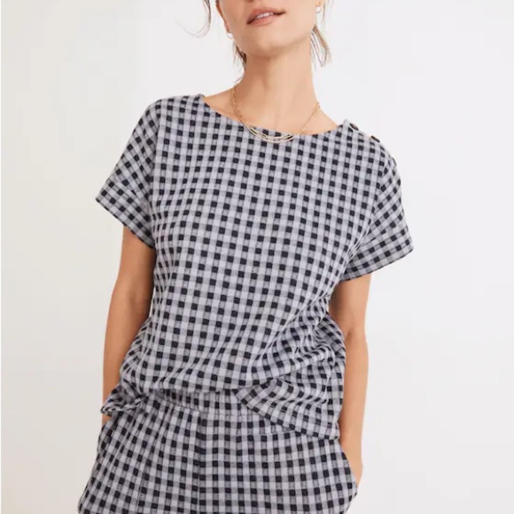Madewell Gingham Knit Seersucker Button-Shoulder Top size XS